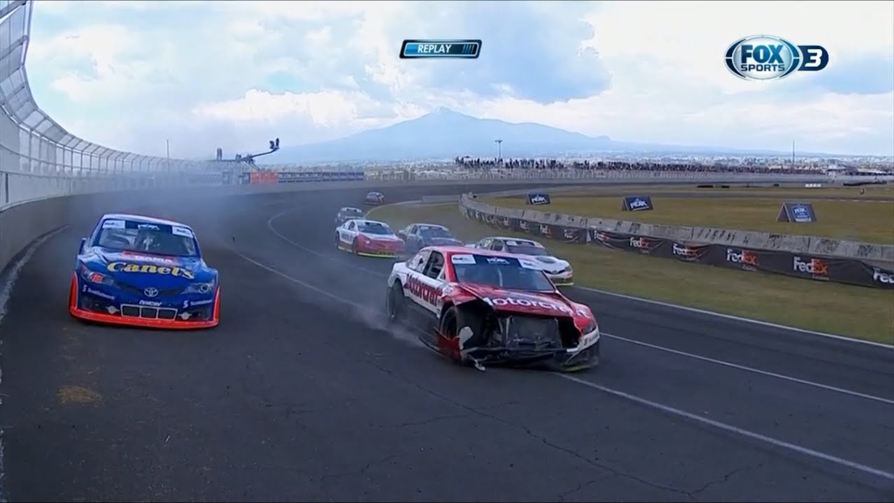 crashes on air NASCAR PEAK Mexico Series 2018. Autódromo Internacional Miguel E. Abed. Restart Crash