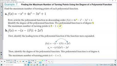 Math 10 5.3 Ex. 7 Finding Maximum Number of Turning Points Using the Degree of a Polynomial Function