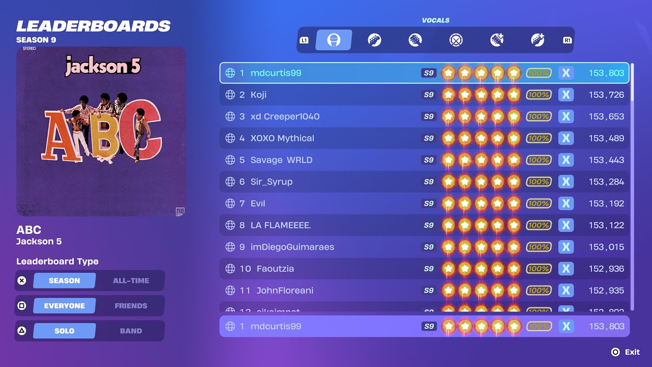 [Fortnite Festival S9] ABC Expert Vocals 100% FC 1st Place All Perfects