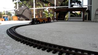 Accucraft Ruby Live Steam pulling LGB train cars