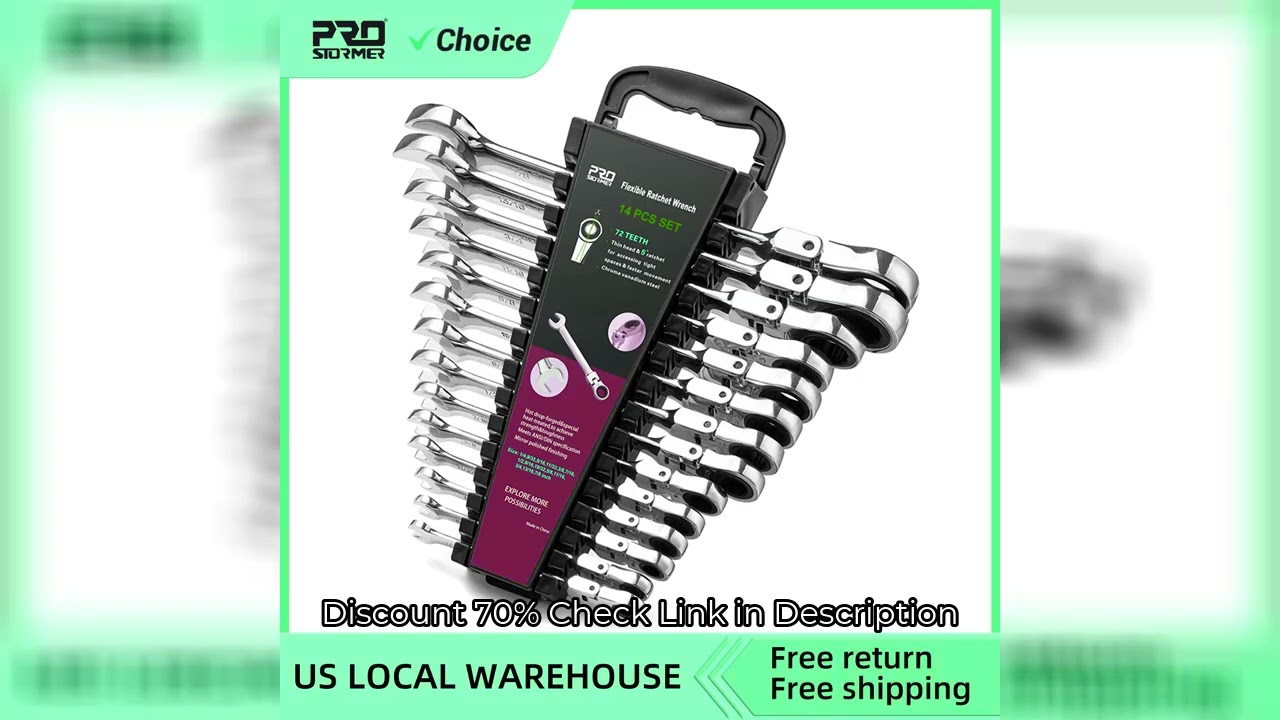 Flex Head Ratcheting Wrench Set SAE1/4"-7/8"14-Piece Chrome Vanadium Steel Combination Wrench Set wi