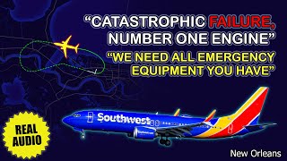 Catastrophic ENGINE FAILURE after bird strike. Southwest Boeing 737 MAX 8 loses engine. Real ATC
