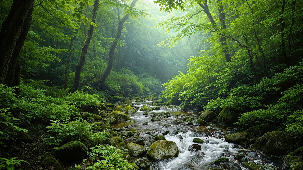 Лесная река звучит с щебетанием птиц, прекрасное пение соловья