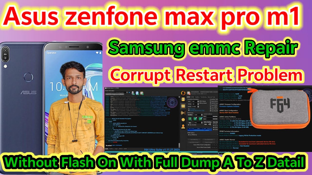 Asus Zenfone Max Pro M1 (X00TD) eMMC Health Repair | F64 Box | Device Is Corrupt Restart Fix 