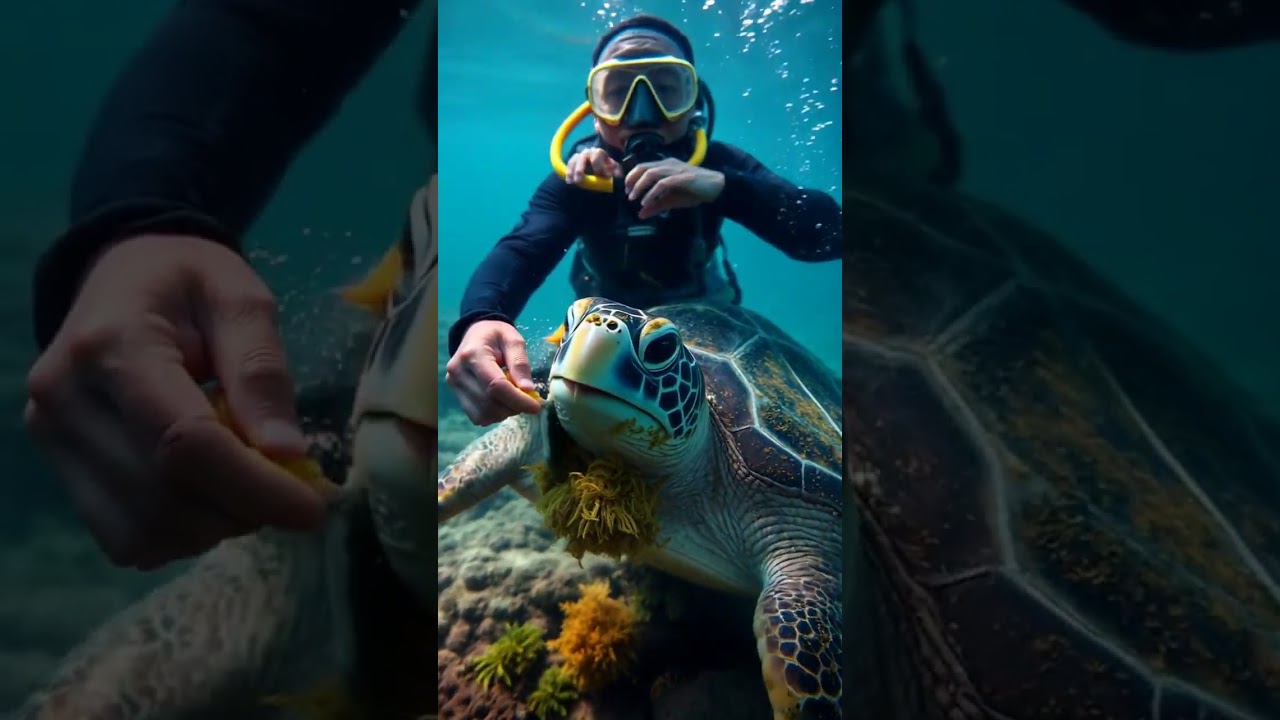 Divers gently scrub algae off sea turtle shells for health checks.