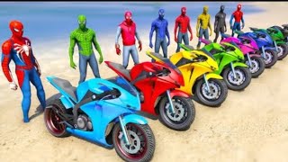 SPIDERMAN TEAM motorbikes racing challenge on beach mega ramp Spiderman #4x4