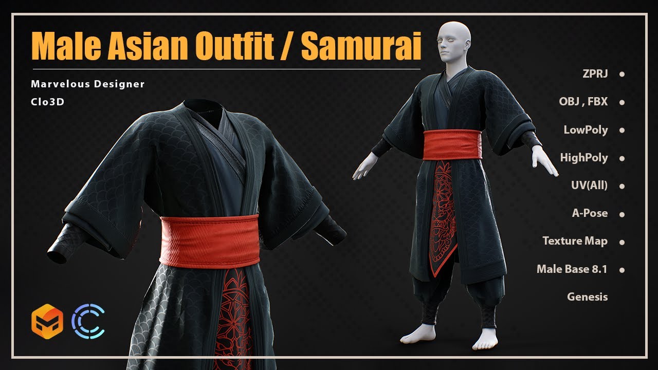 Asian Man Outfit-Samurai / Marvelous Designer Clo3d Project + OBJ , FBX (Game Ready)
