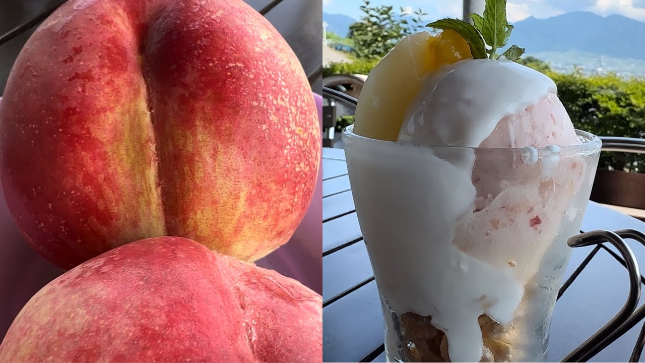 桃 やまきやカフェ 萩原フルーツ農園 山梨県山梨市 スイーツ デザート 冷えもも 桃のプチパフェ 桃のスムージー Peaches in Yamanashi Japan 観光スポット