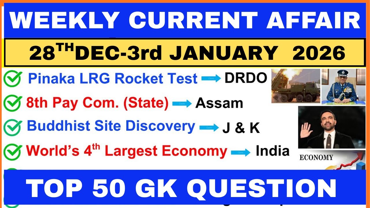 Weekly Current Affairs 28th December to 3rd January 2026 MCQs | Current Affairs 2026- GKEXAMGK