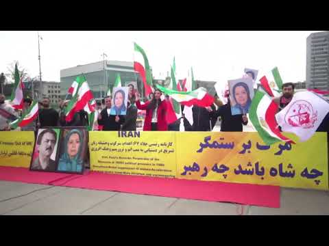 Geneva—February 26, 2024: Protest Rally by MEK Supporters Against the Presence of Iran's Regime FM.