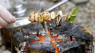 FORAGED SEAFOOD KEBABS , WITH HELP FROM 'LLEW'  THE FORAGING GOLDEN RETRIEVER DOG.