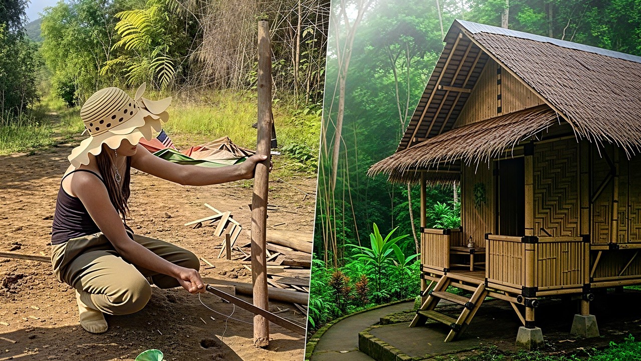Single Mother Rebuilding a Bamboo House: DIY Home Improvement for Kids
