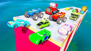 Cars Spiderman Super Ramp GTA 5 Mack Truck Hauler Jumping into water with superheroes