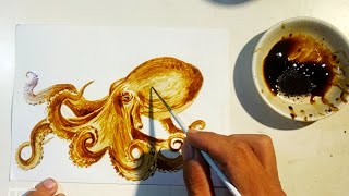 cara menggambar gurita pakai kopi, || coffee painting, octopus,