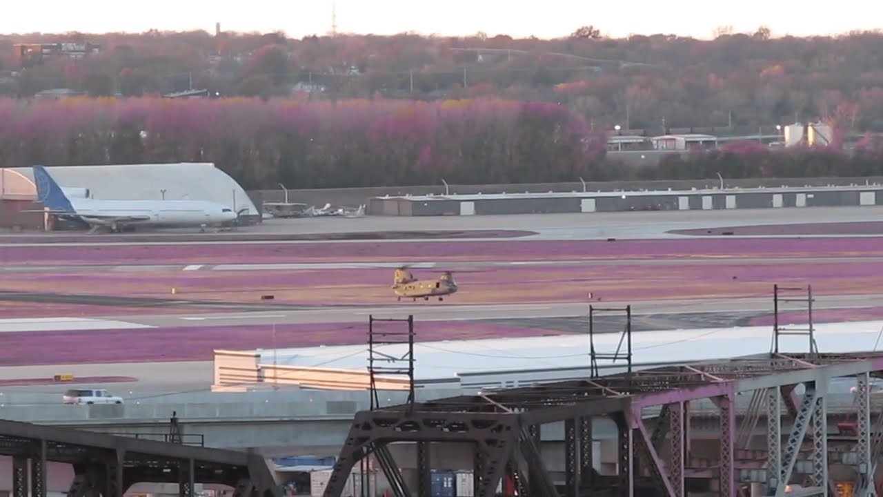 Boeing CH-47 Chinook approaching and landing at the Charles Wheeler Airport...