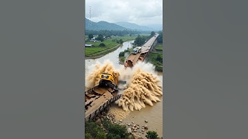 😲 Bridge Fails Mid-Work! Excavator Falls Into Raging River #EngineeringFail #construction #shorts