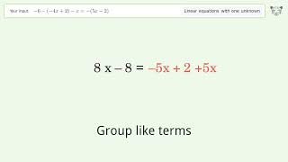 Linear equation with one unknown: Solve -6-(-4x+2)-x=-(5x-2) step-by-step solution