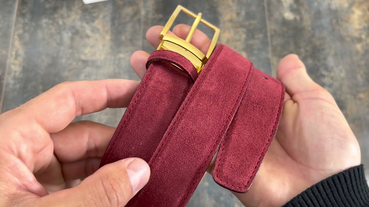 Buy Burgundy Belt With Gold Buckle | Suede Leather | Capo Pelle display picture 3