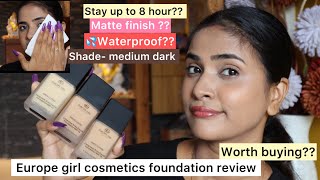 Europe girl cosmetics foundation review 🤯 full coverage, transfer proof, waterproof 😳   #review