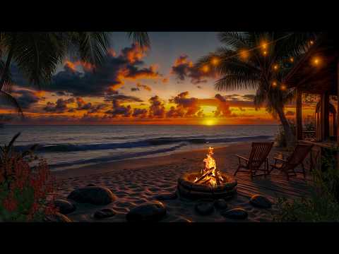 NO ADS 😴Cozy Autumn Beach Escape 🌅Gentle Ocean Waves&Crackling Campfire Beneath a Golden Fall Sunset