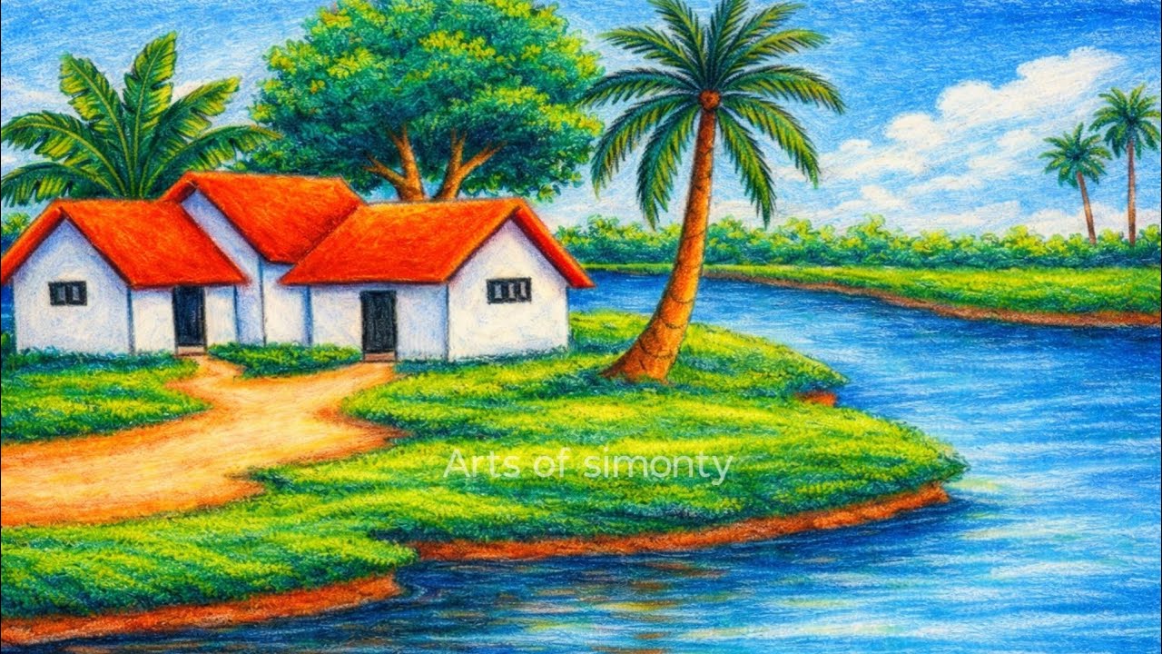 How to draw a easy village scenery || scenery drawing step by step || village art with oil pastel 