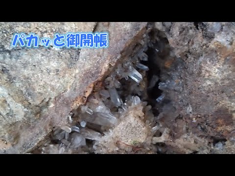 石英脈が走った石を割ったら中身が水晶だらけだった件