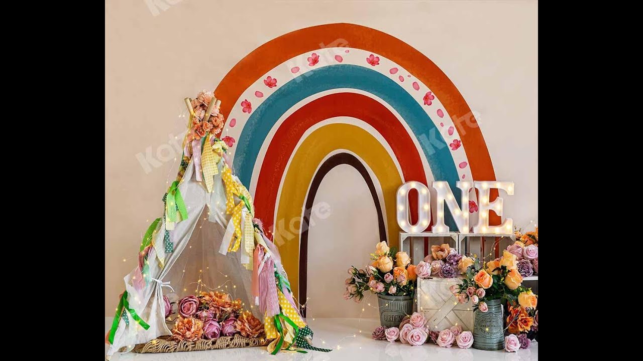 Boho Rainbow Birthday Backdrop .