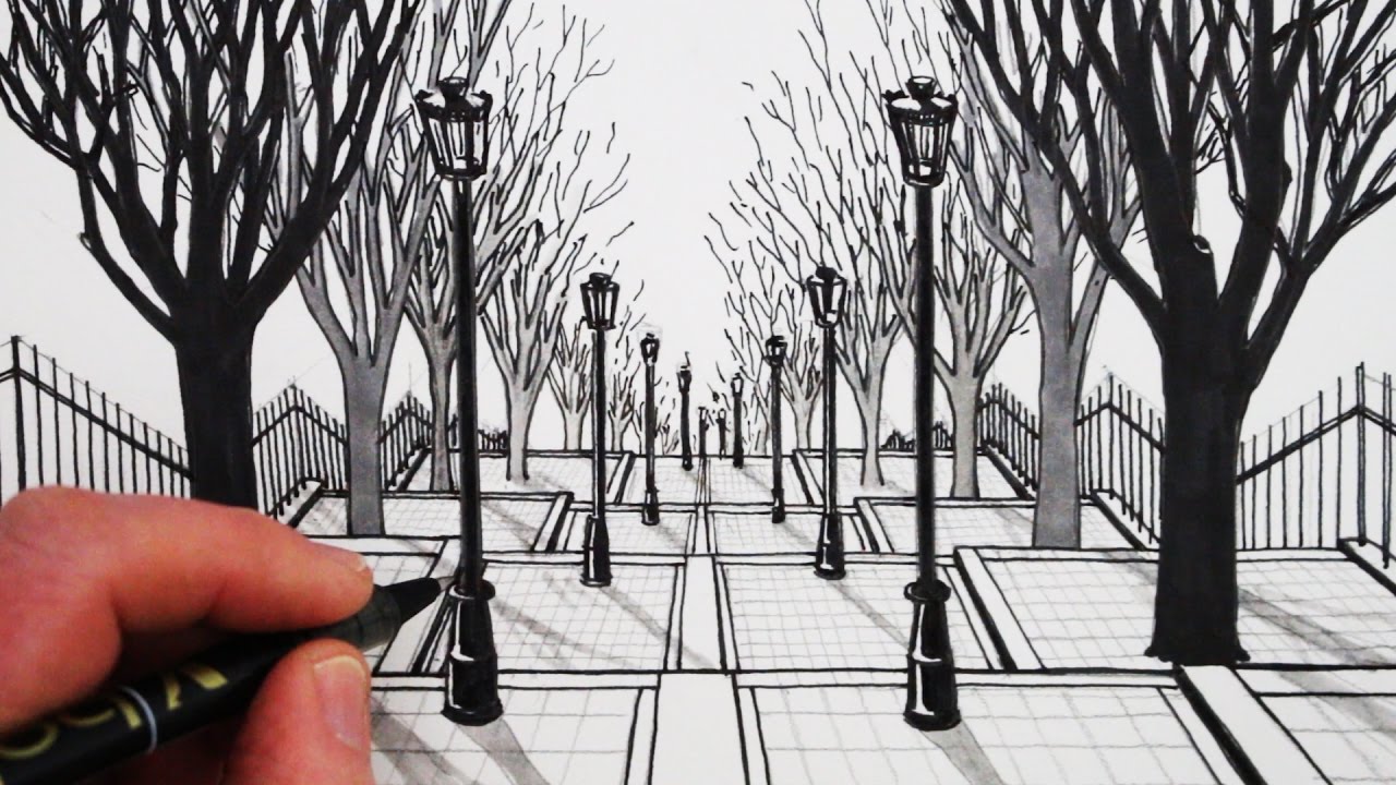 How to Draw 1-Point Perspective: Draw a View of Steps and Trees - YouTube