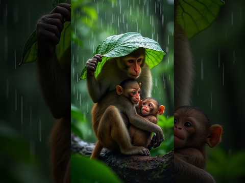 'Heartwarming Moment: Monkeys Seek Shelter Under a Leaf!'#shorts #nature #animals