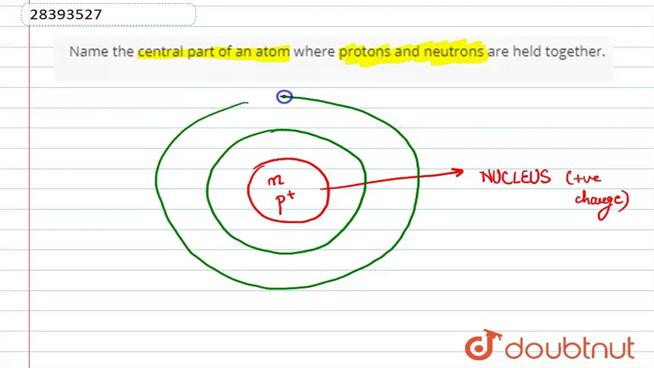 Name the central part of an atom where protons and neutrons are held  together.