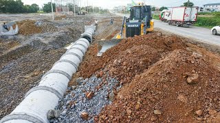 Incredible Powerful skill Shantui bulldozer pushing stone bury drainage system with team dump trucks