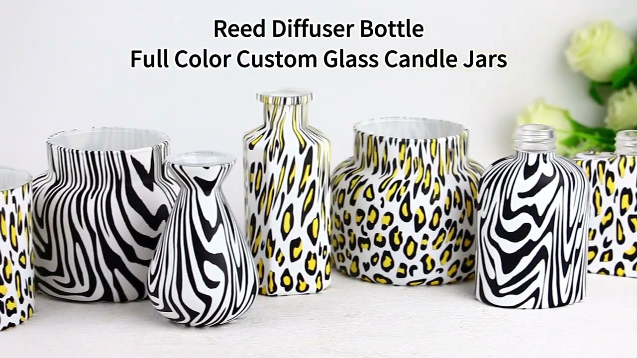 Water transfer zebra-stripe leopard print pattern glass candle jar and diffuser bottle