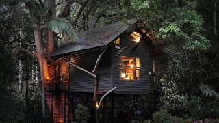 ALONE in a cosy Rain Forest Treehouse [ Relaxing solo at the fire place  Glam Camping ASMR ]