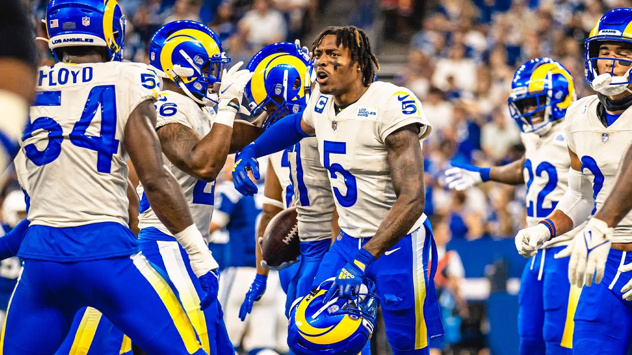 Rams Jalen Ramsey hyped up with teammates during an NFL matchup.