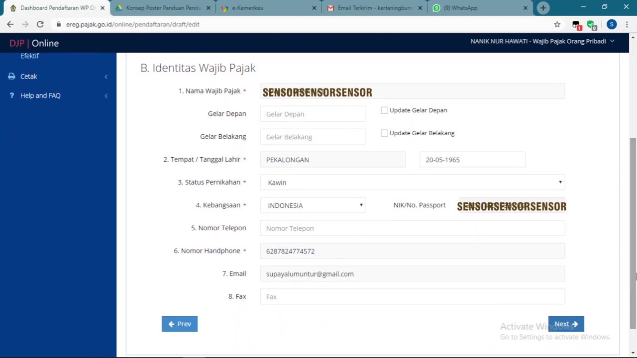 Contoh Pendaftaran NPWP Online Kategori Pisah Harta PH 