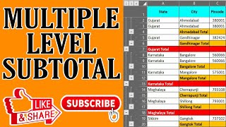 How to apply multiple subtotal in excel , How to use the excel SUBTOTAL in multiple level