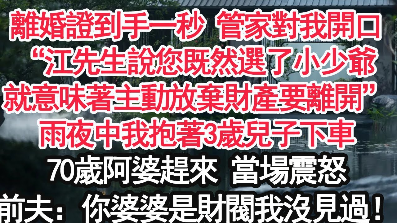 離婚證到手一秒 管家對我開口，“江先生說您既然選了小少爺，就意味著主動放棄財產要離開”雨夜中我抱著3歲兒子下車，70歲阿婆趕來 當場震怒，前夫：你婆婆是財閥我沒見過！【顧亞男】【大女主】【婚姻自主】