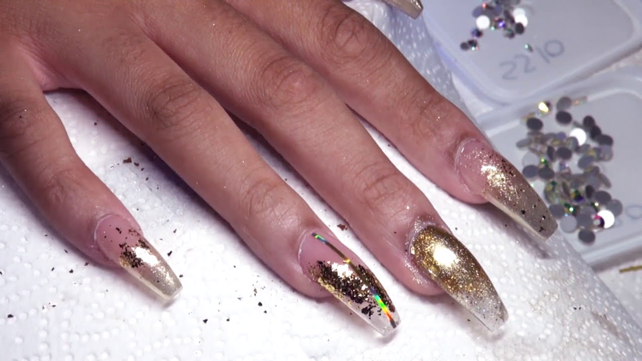 How To 24K Gold Holo Glass Acrylic Nails - YouTube