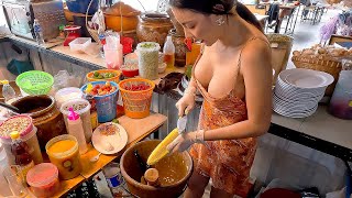 Fresh Raw Meat Salad & Som Tam Served By Beautiful Pattaya Lady - Thai Street Food