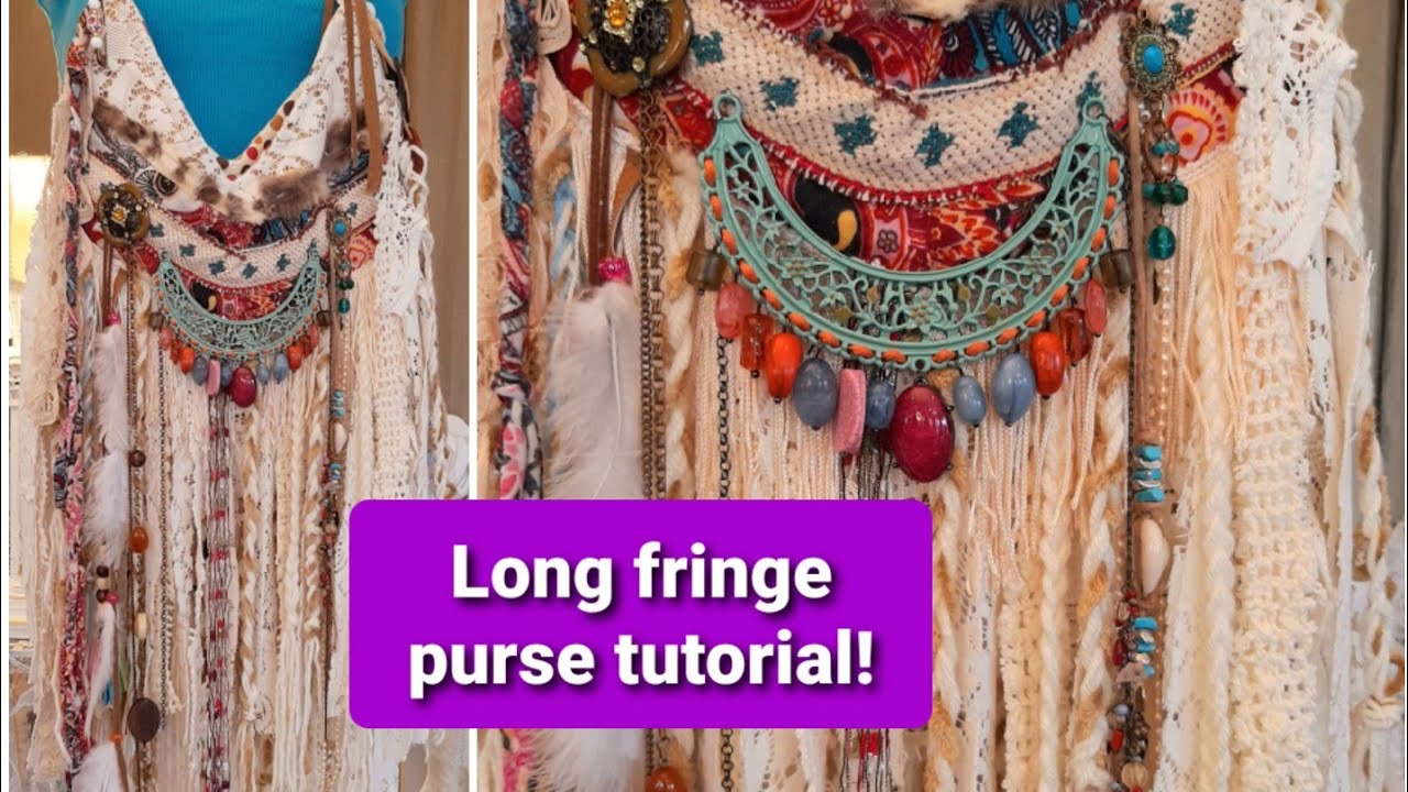 How to make a beautiful long fringe lace purse , boho , hippie bag 