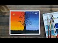 Watercolor painting for beginners day and night Shades of day with tree easy watercolor Poster Color