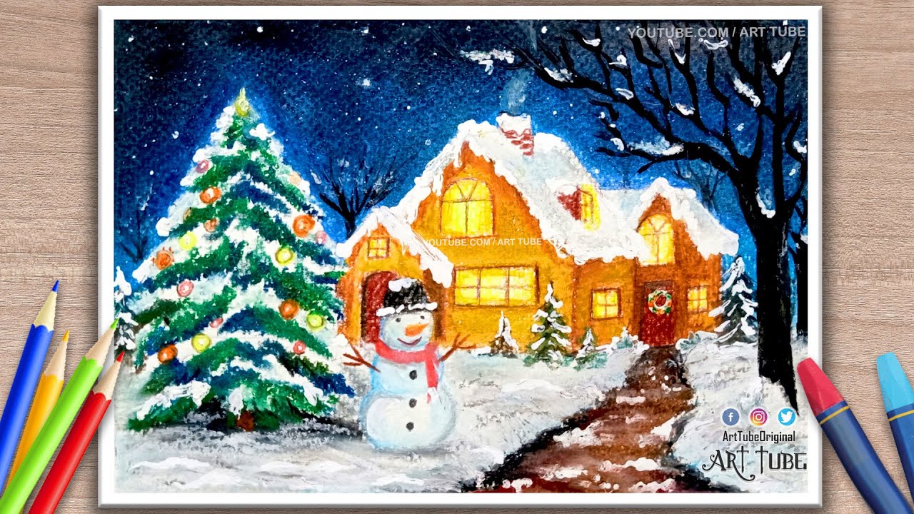 How to draw Santa Christmas scenery drawing and painting  YouTube