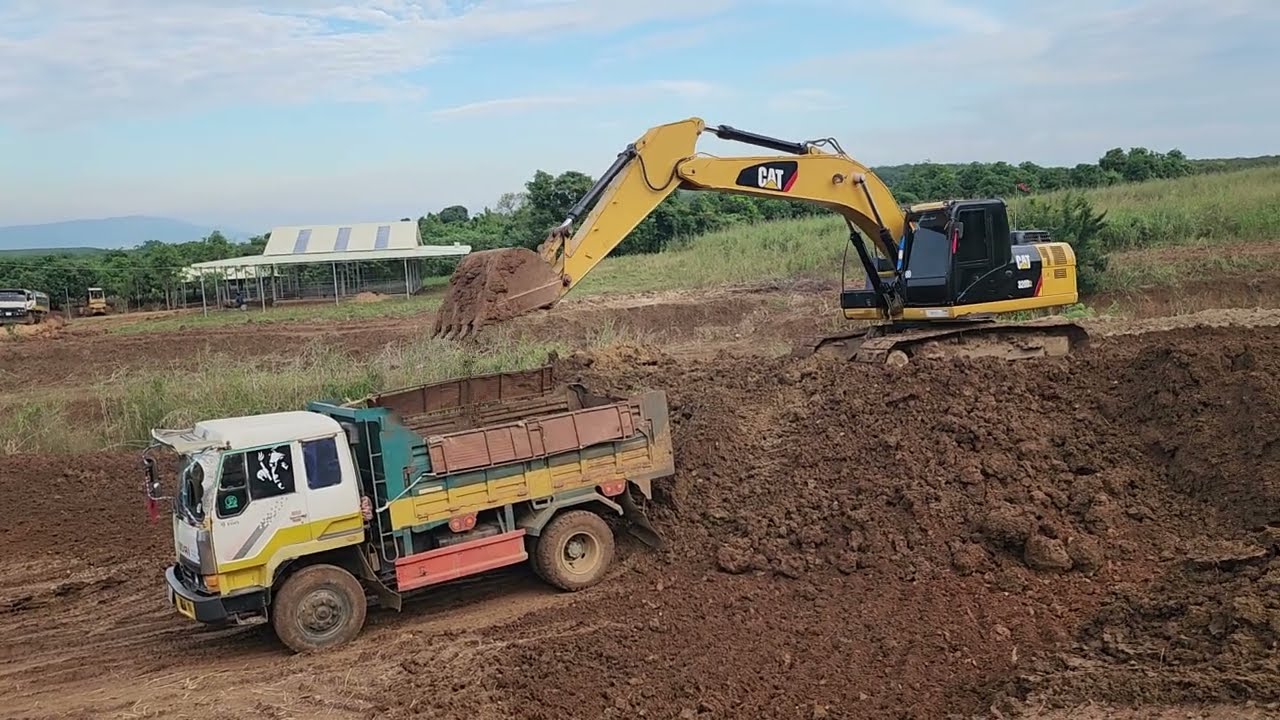 Powerful CAT Excavator Loading Dump Trucks | Construction Site 