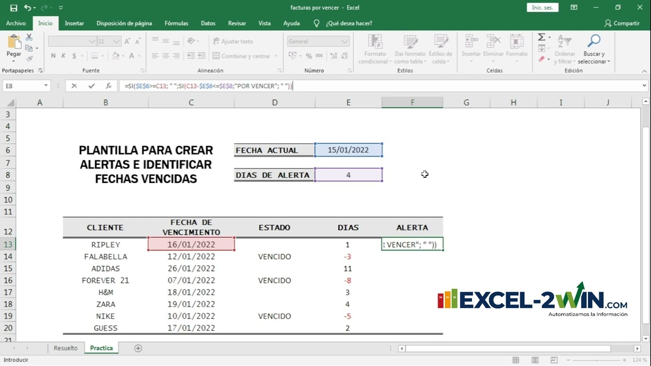 Crear alertas de facturas en Excel con formato condicional