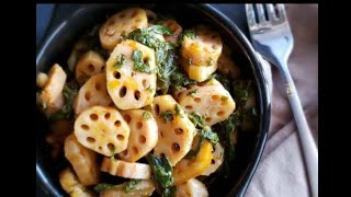 how to make spinach and lotus root (palak and beeh)