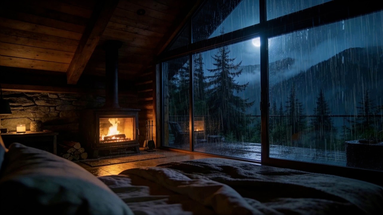 🔴 Moonlit Rain on Glass & Fireplace 🌧️🔥 Deep Sleep Stream | NO ADS | Cozy Cabin Night