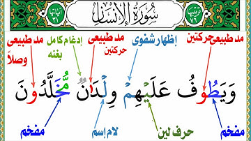 كيف تقرأ سورة الإنسان بالتجويد للمبتدئين جزء الخامس حروف اللين الإدغام أحكام النون الساكنه والتنوين