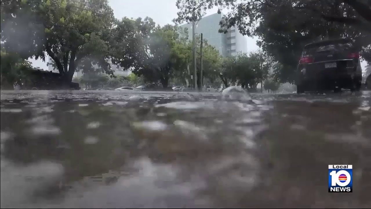 Дождь продолжает затапливать улицы в районе Эджуотер в Майами.