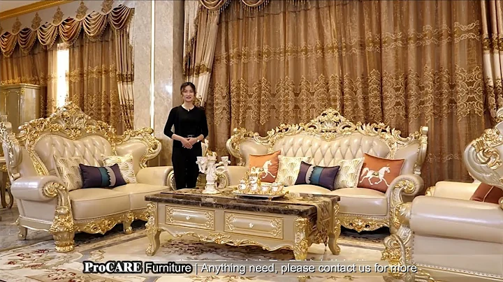 top luxury golden royal living room leather sofa set, top gain nublack leather, solid wood furniture - DayDayNews