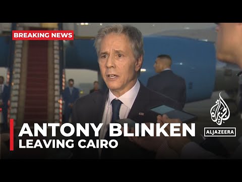 US Secretary of State Antony Blinken addresses the press at Cairo airport as he departs